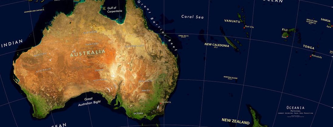 colored photo of Oceania/Australia on a map